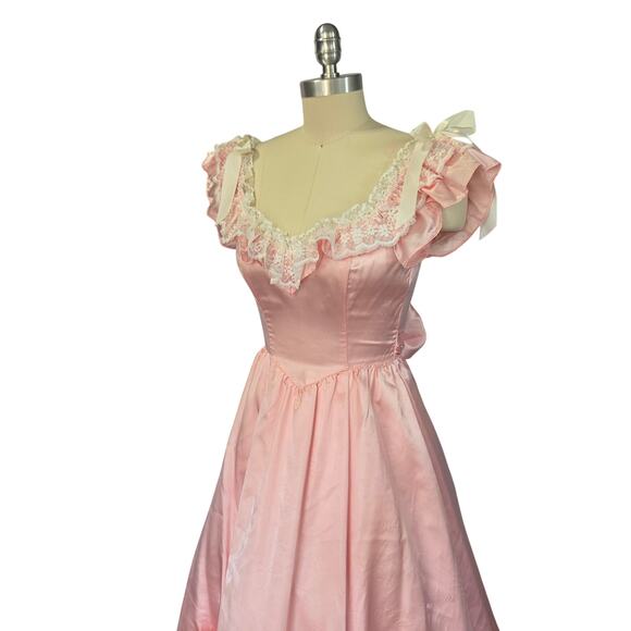 Gunne Sax Vintage 80s Pink Princess Dress Size XS S Maxi Satin Lace Bows - Picture 7 of 11